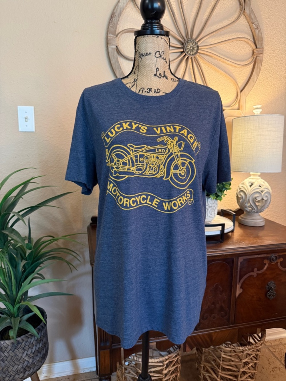 Lucky Brand Navy Tee with Yellow Motorcycle Graphic